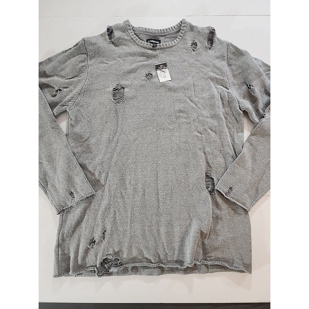 Rue21 Carbon Men's XXL Distressed Ripped Knit Sweater Grey Crewneck NWT Grunge